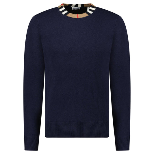 Burberry 'Noland' Knitted Wool/ Cashmere Jumper Check Neck Navy