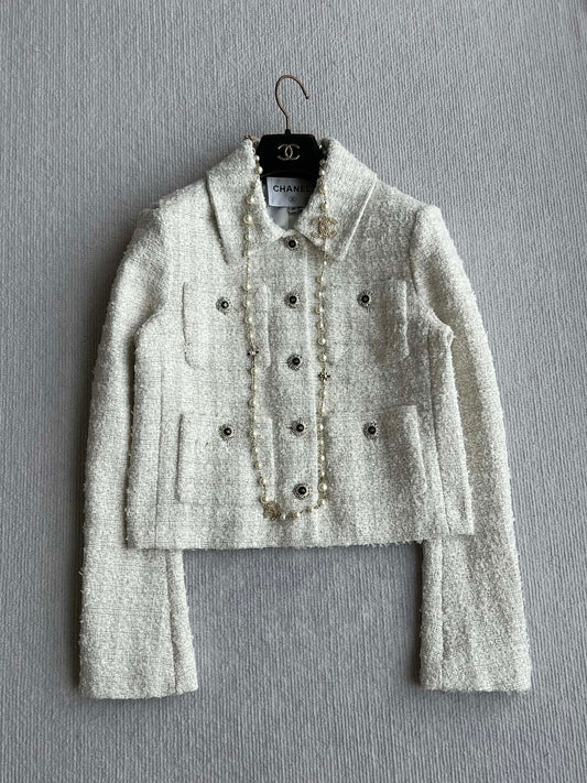 Chanel 2025 White Woven Tweed Fabric Jacket 318544